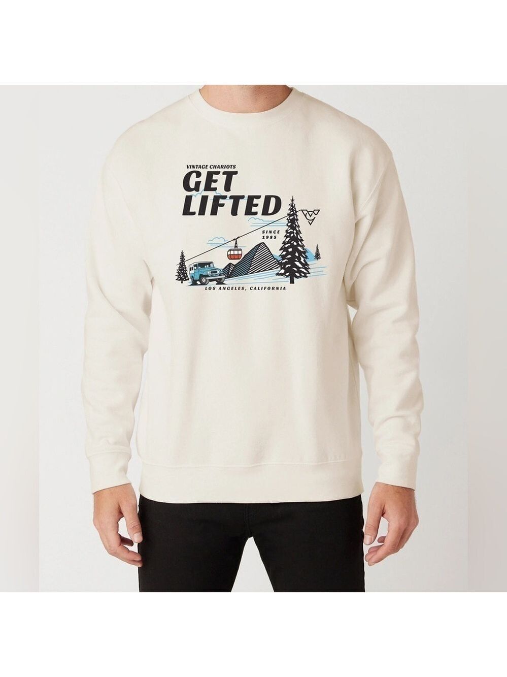 VINTAGE CHARIOTS GET LIFTED UNISEX PREMIUM CREW NECK SWEATSHIRT (BONE). Size M